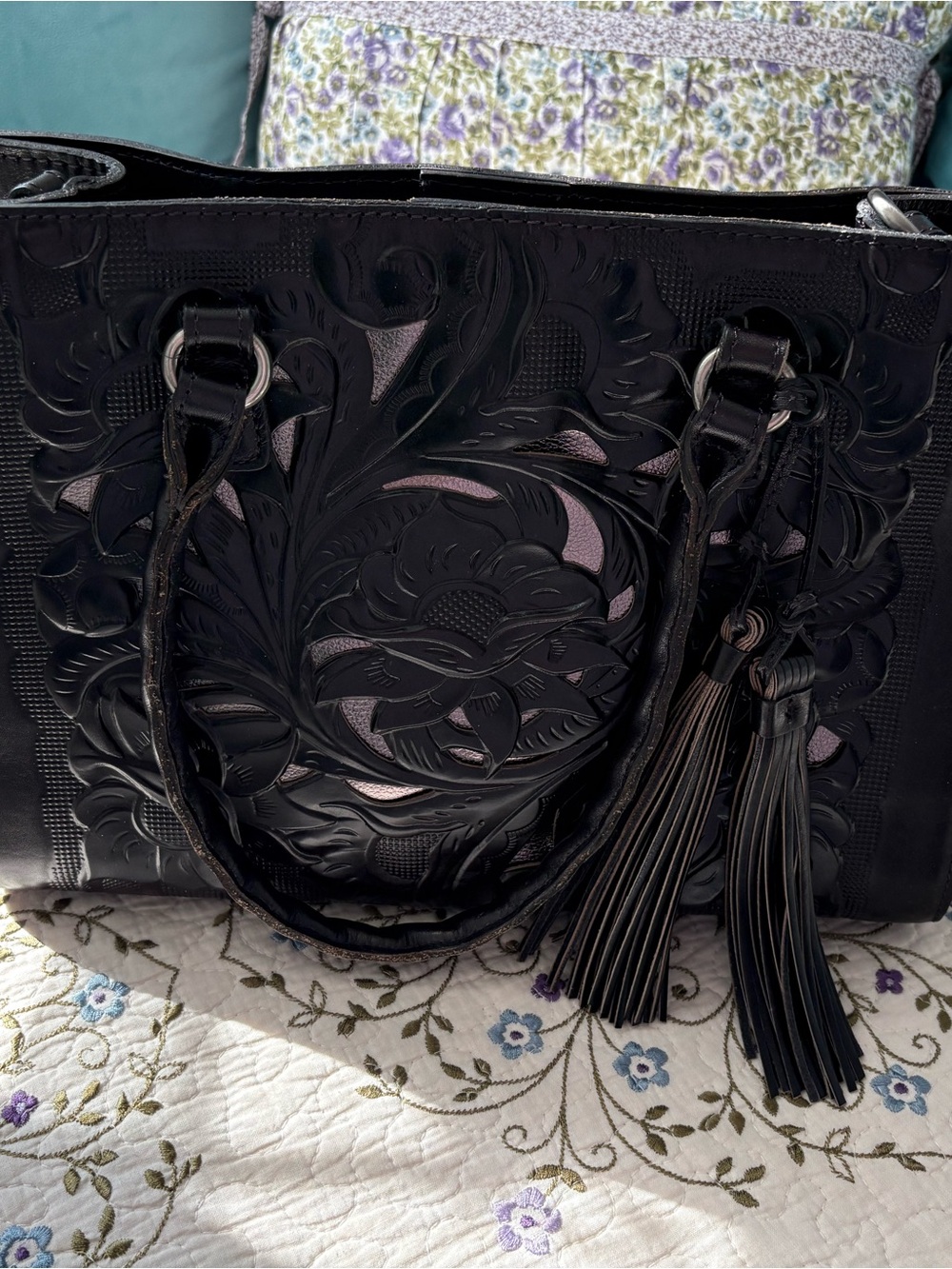 Patricia Nash Primrose Black Floral Embossed Bag with Tassels color Smoke -Black